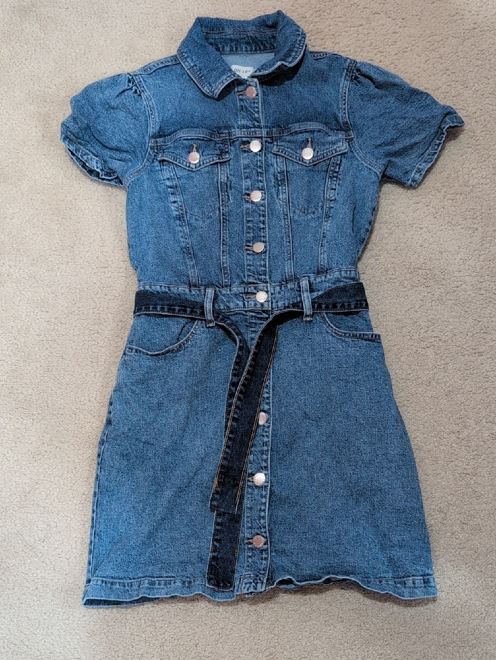 Short Sleeve Button-Front Denim Midi Dress with Belt - Blue